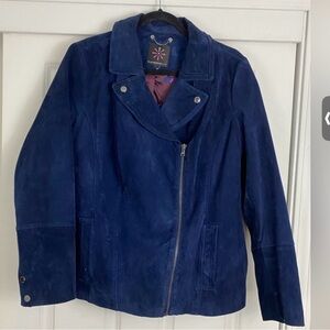 NWT Isaac Mizrahi Suede Blue/Navy Leather Moto Jacket 24W gorgeous satin inside!